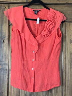 Tracy M Coral Sleeveless Ruffle Front Top with Rosette Detail